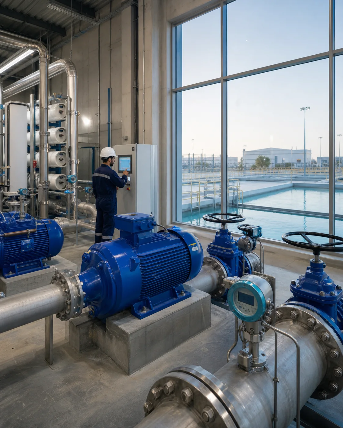 Integrated water treatment, pumping and transmission infrastructure